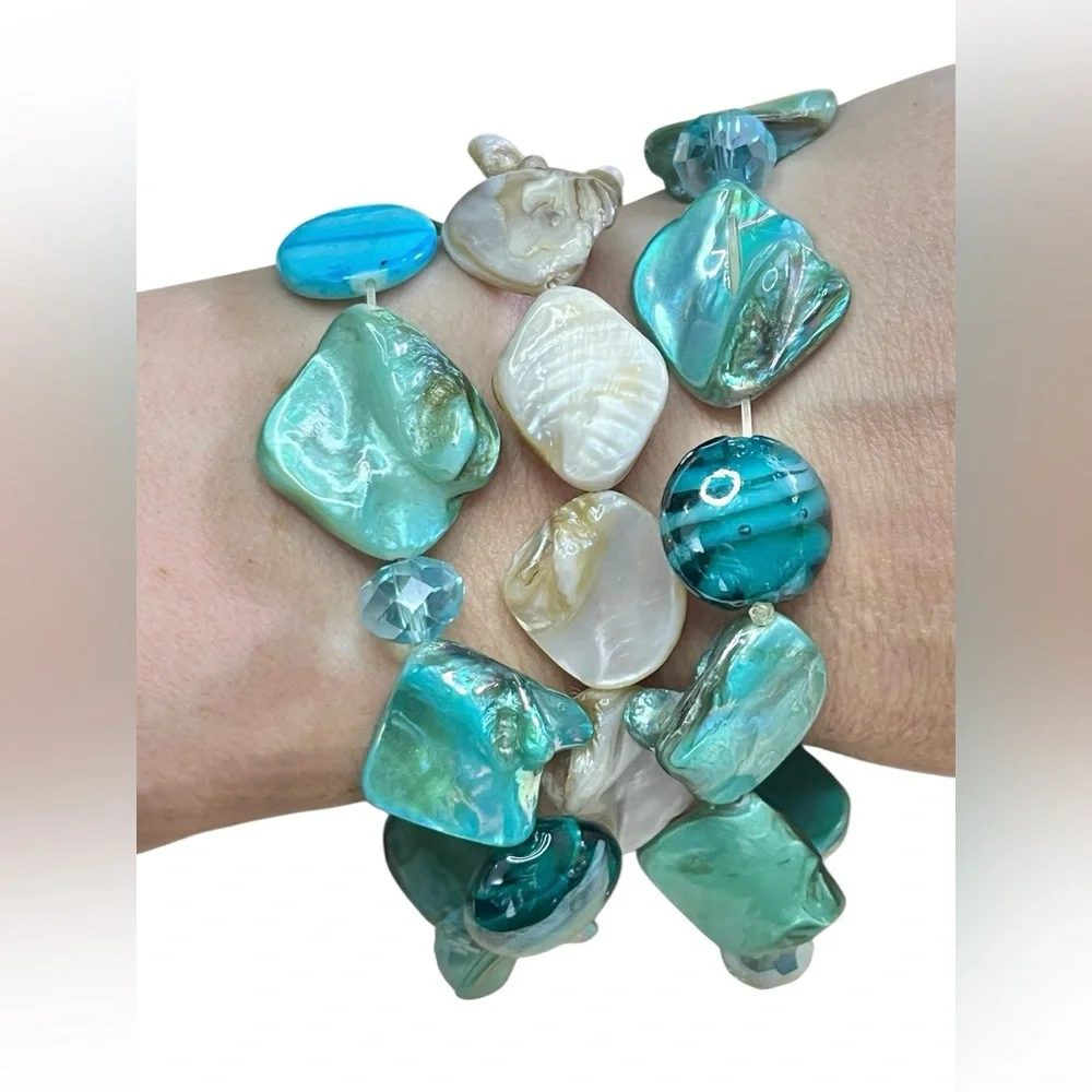 Set Of 3 Abalone Bead Stretch Bangle Bracelet Turquoise White/mother Of Pearl